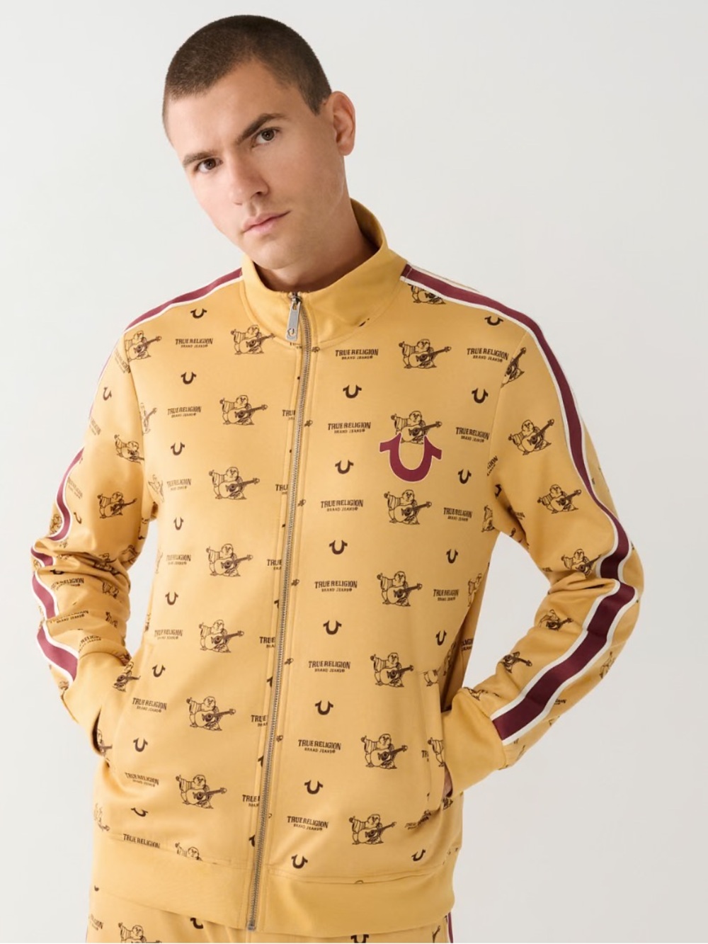 True Religion Mustard Zip-Front Bomber Jacket with Burgundy Stripe